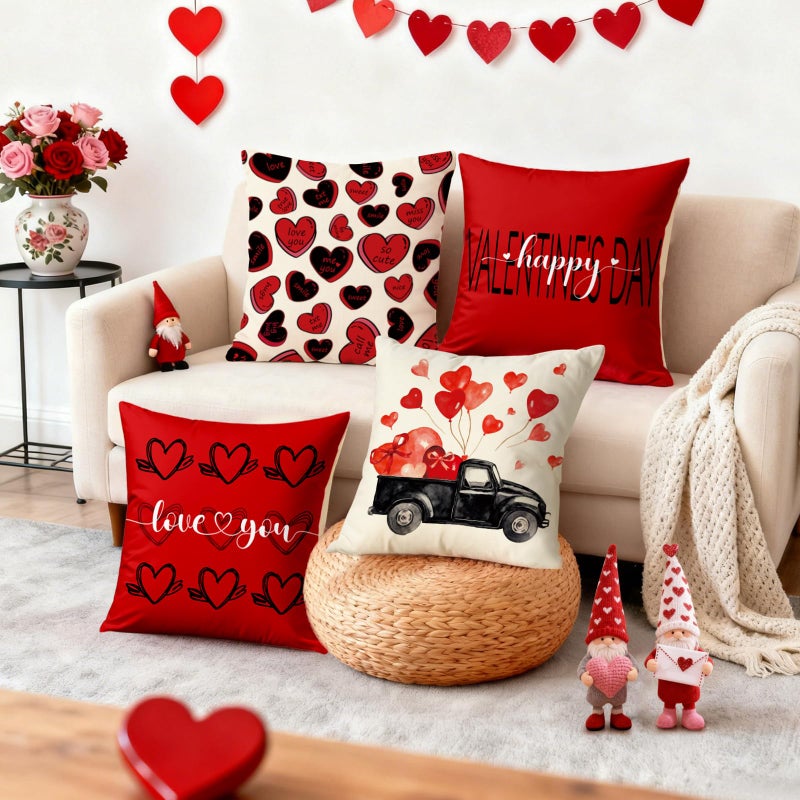 YOSICHY Valentines Day Decorations-Valentine Pillow Covers 18x18 Set of 4, Red Hearts Love You Happy Valentine's Day Throw Outdoor Pillow Covers Anniversary Wedding Cushion Case for Home Sofa Couch Decor - Image 5