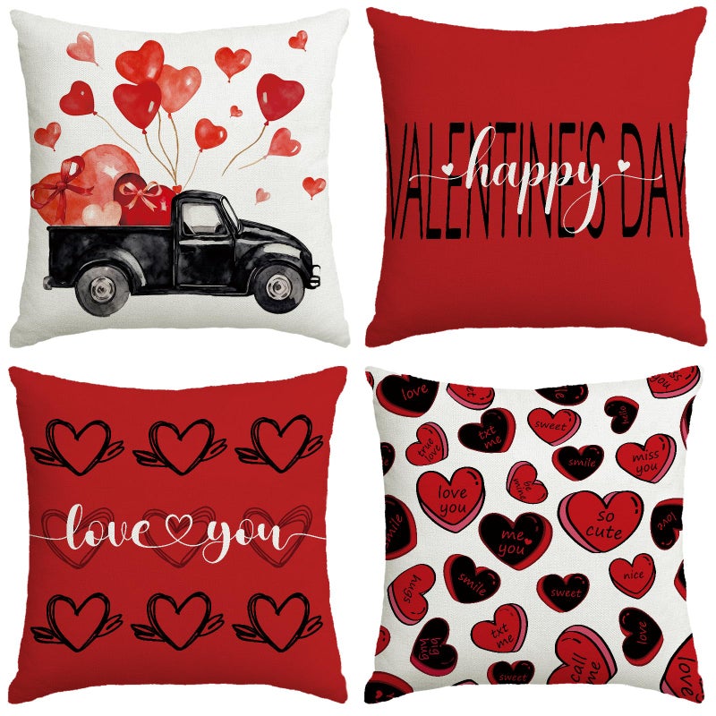 YOSICHY Valentines Day Decorations-Valentine Pillow Covers 18x18 Set of 4, Red Hearts Love You Happy Valentine's Day Throw Outdoor Pillow Covers Anniversary Wedding Cushion Case for Home Sofa Couch Decor - Image 1