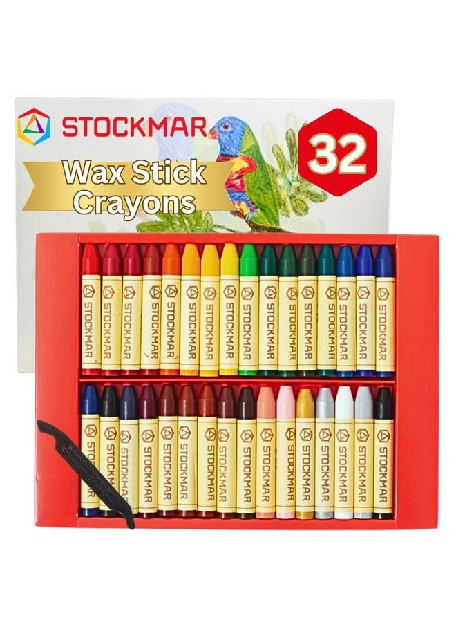 Stockmar Natural Beeswax Crayons for Kids Art Supplies at Home, School, Waldorf Classroom: Safe, Non Toxic Crayons for Toddlers, Children, Adults of All Ages - 32 Sticks with Scraper in a Sliding Box - Image 1