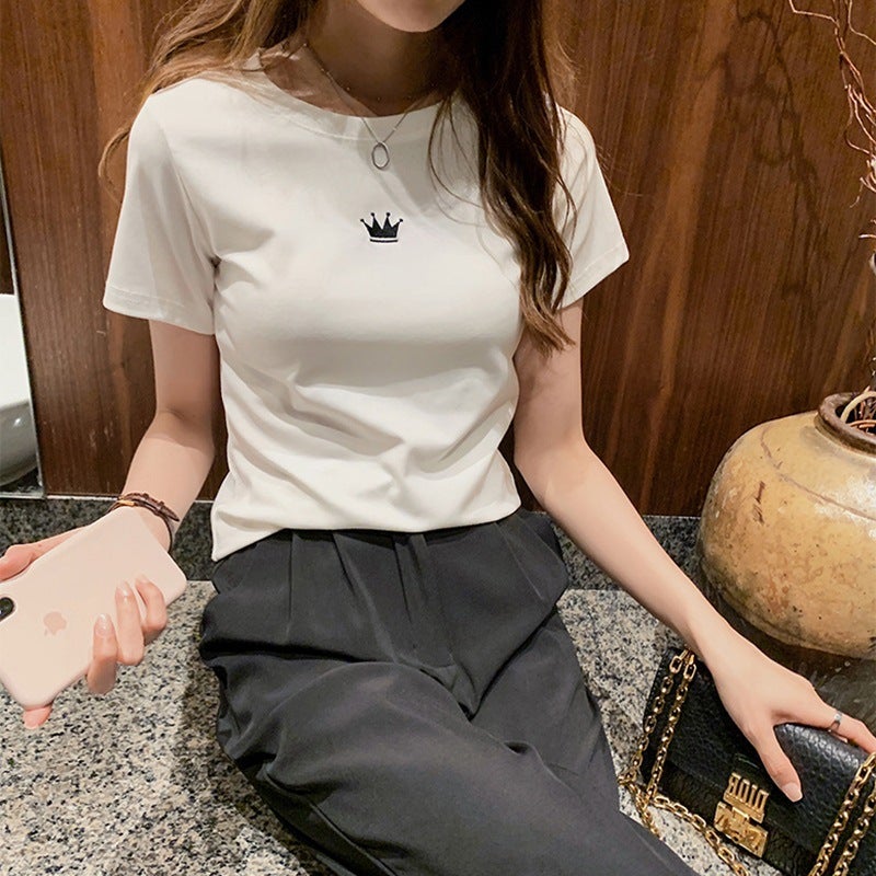 2023 Summer new slim embroidery round neck short sleeve T-shirt Womens Student womens base coat a generation of hair Grey  - Image 3