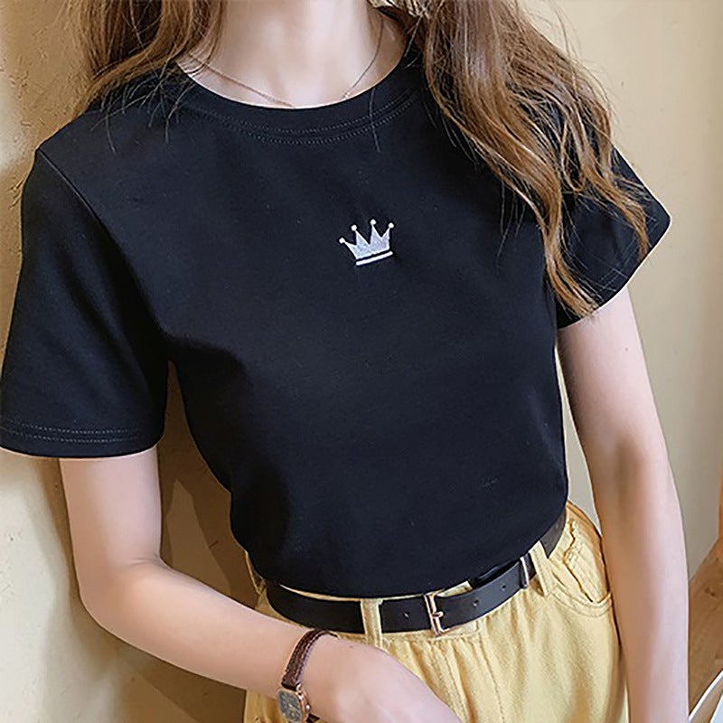 2023 Summer new slim embroidery round neck short sleeve T-shirt Womens Student womens base coat a generation of hair Grey  - Image 2