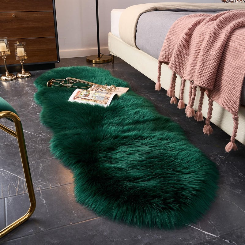 Easy Joy EasyJoy Ultra Soft Fluffy Shaggy Area Rug Faux Fur Rug Chair Cover Seat Pad Fuzzy Area Rug for Bedroom Floor Sofa Living Room (2 x 6 ft Sheepskin, Dark Green) - Image 1