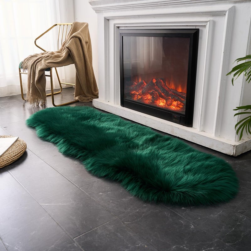 Easy Joy EasyJoy Ultra Soft Fluffy Shaggy Area Rug Faux Fur Rug Chair Cover Seat Pad Fuzzy Area Rug for Bedroom Floor Sofa Living Room (2 x 6 ft Sheepskin, Dark Green) - Image 2