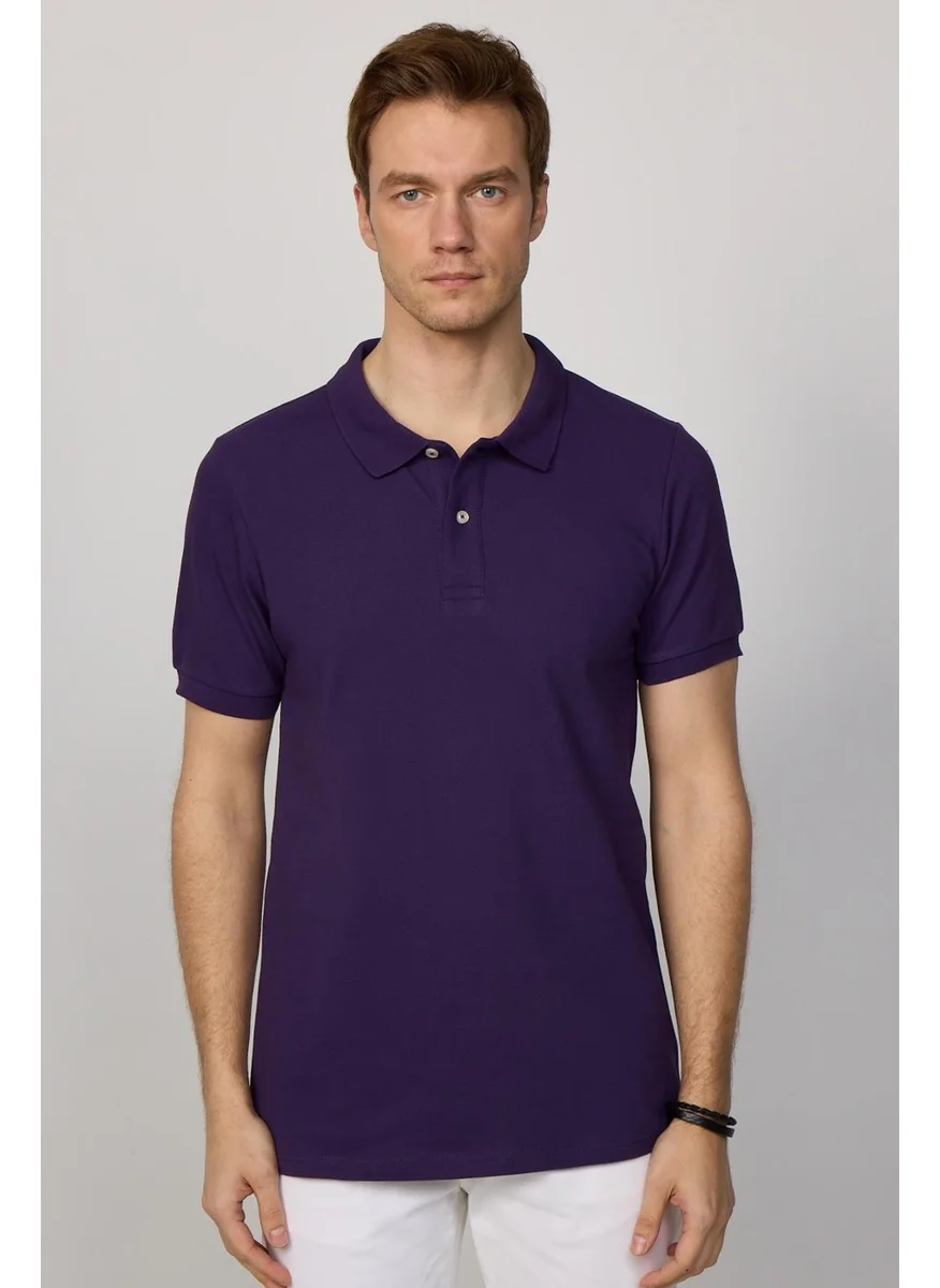 تودورس Men's Slim Fit Narrow Cut Cotton Plain Pique Purple Polo Collar T-Shirt