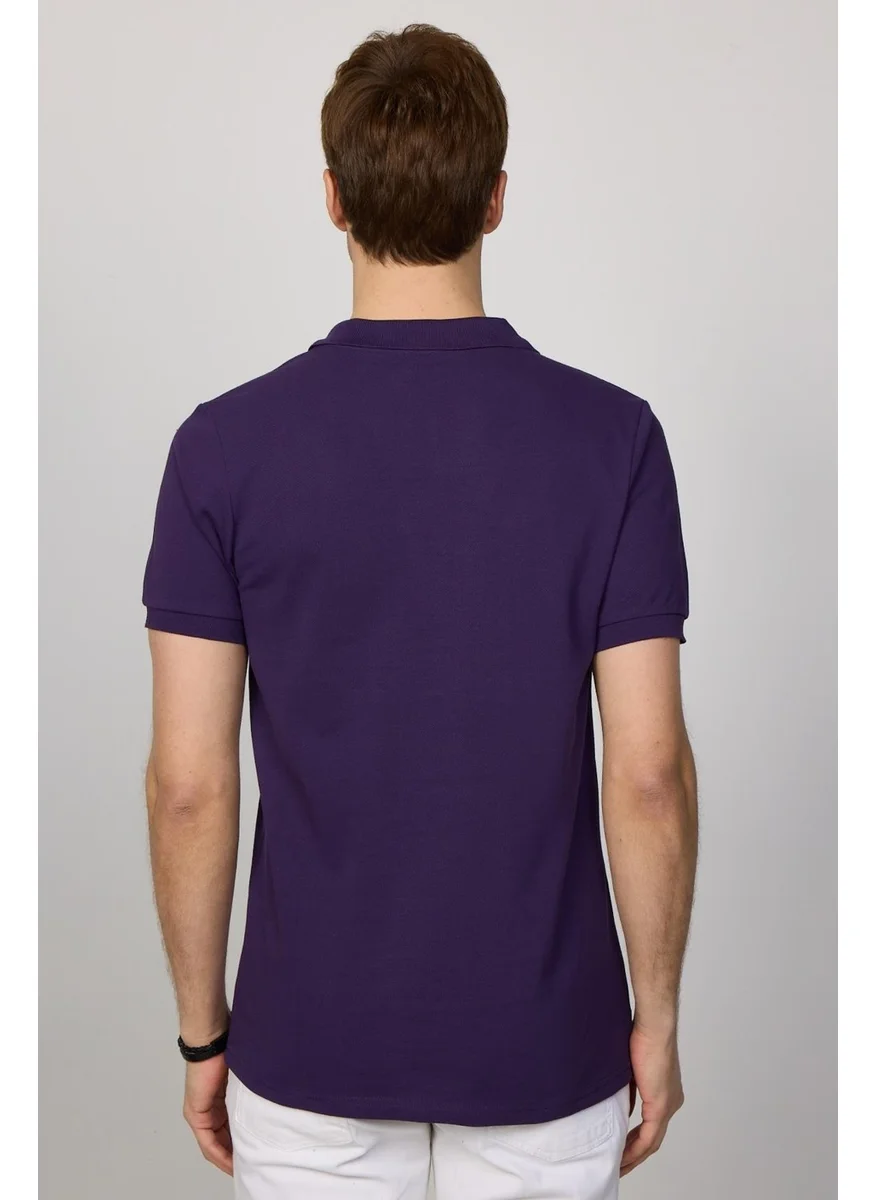 تودورس Men's Slim Fit Narrow Cut Cotton Plain Pique Purple Polo Collar T-Shirt