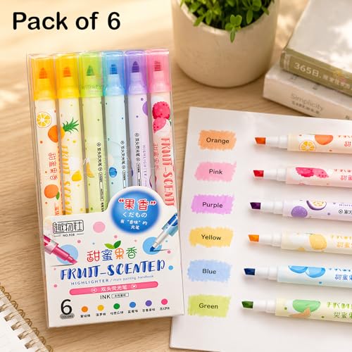 WISHKEY Double Head Fruit Scented Marker Pens, Water-Based Non-Toxic Ink, Quick Drying Dual Tip Highlighter Pens for Multipurpose for Kids and Adults, 8+ Years (Pack of 6, Multicolor) - Image 2