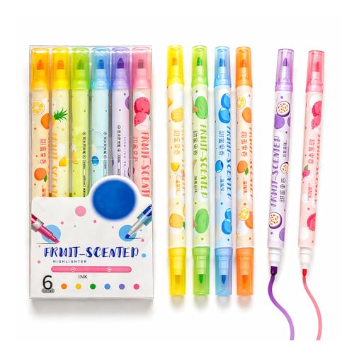 WISHKEY Double Head Fruit Scented Marker Pens, Water-Based Non-Toxic Ink, Quick Drying Dual Tip Highlighter Pens for Multipurpose for Kids and Adults, 8+ Years (Pack of 6, Multicolor) - Image 1
