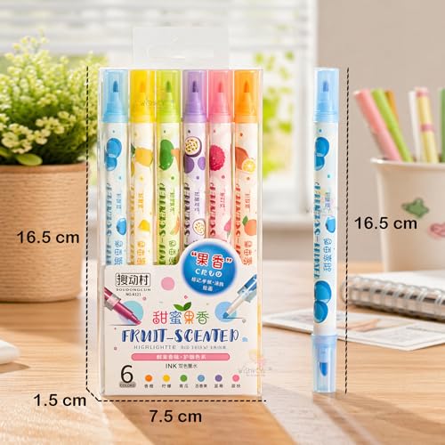 WISHKEY Double Head Fruit Scented Marker Pens, Water-Based Non-Toxic Ink, Quick Drying Dual Tip Highlighter Pens for Multipurpose for Kids and Adults, 8+ Years (Pack of 6, Multicolor) - Image 4
