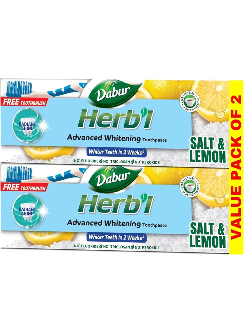 دابر معجون أسنان دابر بالأعشاب لتبييض الأسنان الطبيعي (2 × 150 غرام + فرشاة أسنان) | غني بالملح والليمون | لأسنان لامعة ناصعة البياض | عبوة اقتصادية - Image 1