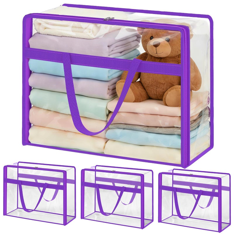 SGHUO Clear Storage Bags 60L Extra Large Plastic Vinyl Blanket Storage Bag for Clothes, Comforter, Bedding, Moving Bags with Zipper and Reinforced Handle (4pcs, Purple) - Image 1