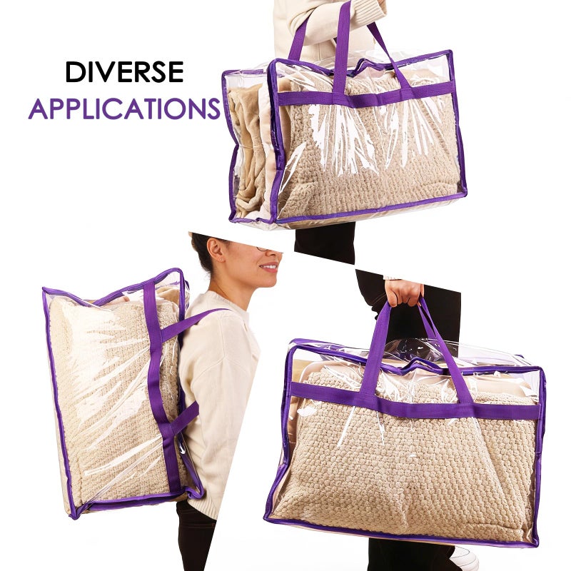 SGHUO Clear Storage Bags 60L Extra Large Plastic Vinyl Blanket Storage Bag for Clothes, Comforter, Bedding, Moving Bags with Zipper and Reinforced Handle (4pcs, Purple) - Image 5