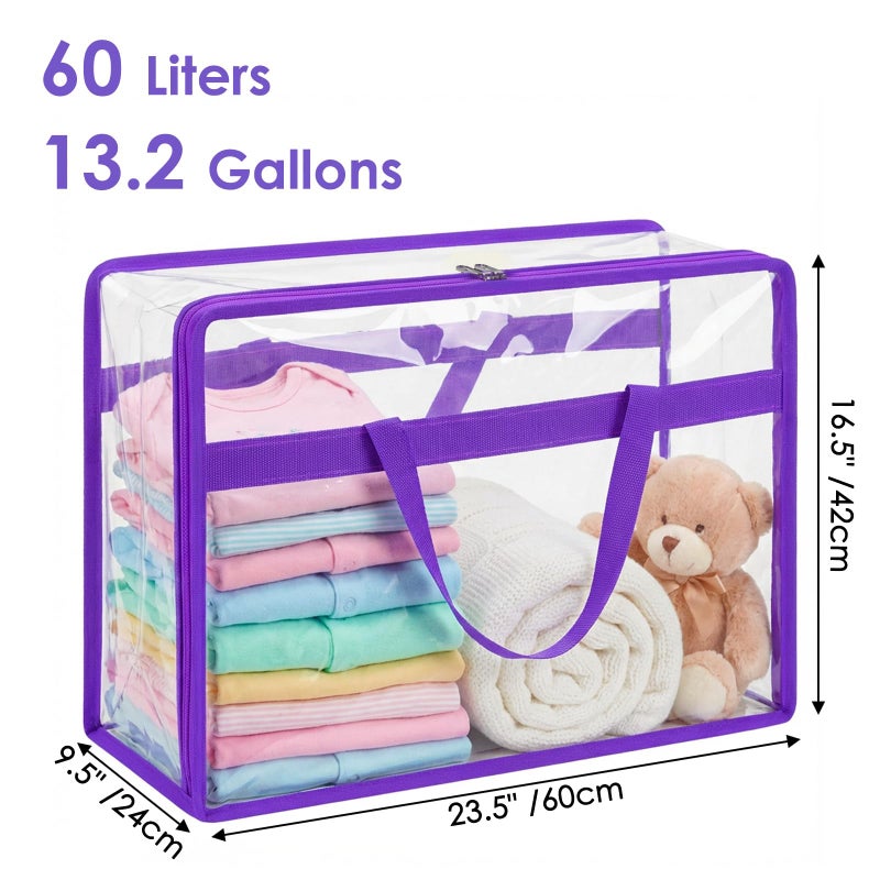 SGHUO Clear Storage Bags 60L Extra Large Plastic Vinyl Blanket Storage Bag for Clothes, Comforter, Bedding, Moving Bags with Zipper and Reinforced Handle (4pcs, Purple) - Image 2