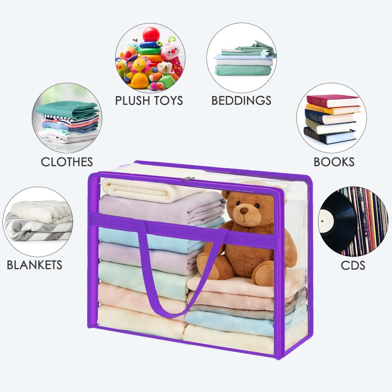 SGHUO Clear Storage Bags 60L Extra Large Plastic Vinyl Blanket Storage Bag for Clothes, Comforter, Bedding, Moving Bags with Zipper and Reinforced Handle (4pcs, Purple) - Image 4