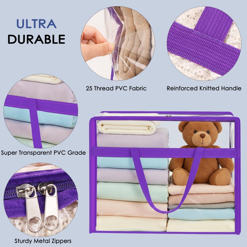 SGHUO Clear Storage Bags 60L Extra Large Plastic Vinyl Blanket Storage Bag for Clothes, Comforter, Bedding, Moving Bags with Zipper and Reinforced Handle (4pcs, Purple) - Image 3