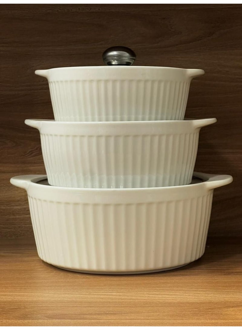 طقم حله بورسلين – 3 قطع بورسلين عالي الجودة ومقاوم للحرارة أغطية زجاجية شفافة لمراقبة الطعام مقابض مزدوجة لسهولة الحمل - Image 2