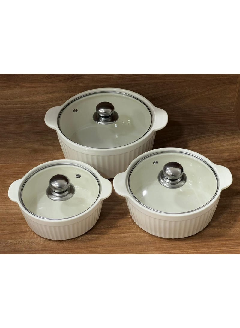 طقم حله بورسلين – 3 قطع بورسلين عالي الجودة ومقاوم للحرارة أغطية زجاجية شفافة لمراقبة الطعام مقابض مزدوجة لسهولة الحمل - Image 1