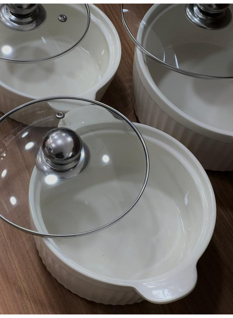 طقم حله بورسلين – 3 قطع بورسلين عالي الجودة ومقاوم للحرارة أغطية زجاجية شفافة لمراقبة الطعام مقابض مزدوجة لسهولة الحمل - Image 3