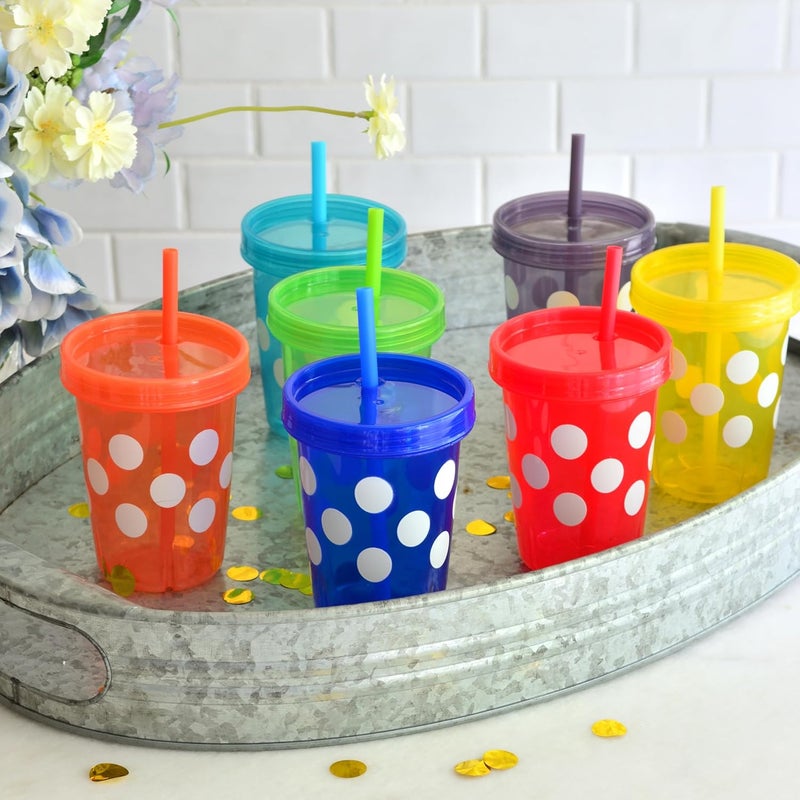 Youngever 7 Sets 11 Ounce Plastic Kids Cups with Lids and Straws 7 Pack Reusable Toddler Cups with Straws in 7 Assorted Colors Polka - Image 2