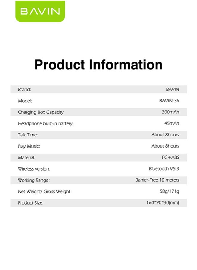 Bavin - BAVIN TWS True Wireless Earbuds, Bluetooth 5.3 Headphones Touch Control 8h Playtime, IPX5 Waterproof TWS Bluetooth Earphones Hi-Fi Stereo Sound Noise Reduction Sport In-Ear Headphones with Charging Case White,  Bluetooth For iPhone, Android And More - Image 1