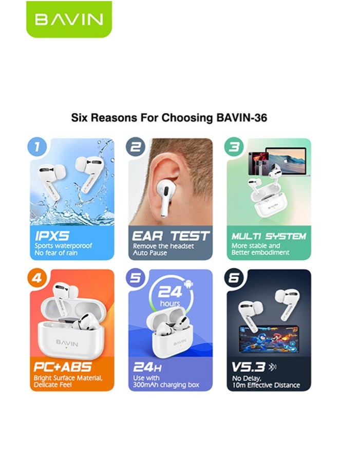 Bavin BAVIN TWS True Wireless Earbuds, Bluetooth 5.3 Headphones Touch Control 8h Playtime, IPX5 Waterproof TWS Bluetooth Earphones Hi-Fi Stereo Sound Noise Reduction Sport In-Ear Headphones with Charging Case White,  Bluetooth For iPhone, Android And More  - Image 3