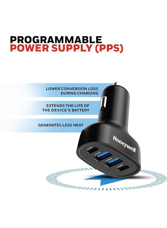 Honeywell Micro CLA 100W PD Smart Car Charger, Adapter for iPhone and Android, 2xType C & 2xUSB A Port, Ultra-Fast Charging, Compatible with All Smartphones And Tablets Black - Image 4