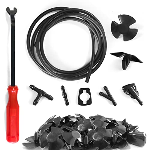 OSIFIT Windshield Washer Hose Kit, 2M Washer Fluid Hose+3 Pcs Hose Connectors+4 Fan Nozzles+4 Rubber Gaskets +30 Pcs Cap Heat Insulation Clips, Connect Car Water Pump and Nozzles, Suitable for Most Car - Image 1