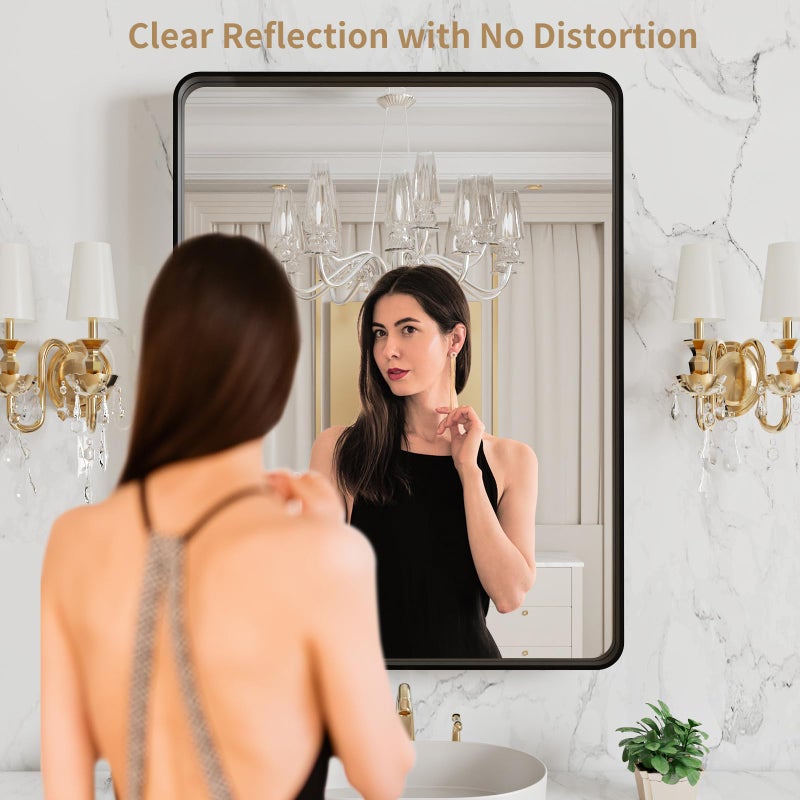 LOAAO 20X16 Inch Black Metal Framed Bathroom Mirror for Wall, Matte Black Bathroom Vanity Mirror Farmhouse, Large Rounded Rectangle Mirror, Anti-Rust, Hangs Horizontally or Vertically - Image 2