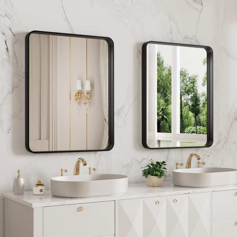 LOAAO 20X16 Inch Black Metal Framed Bathroom Mirror for Wall, Matte Black Bathroom Vanity Mirror Farmhouse, Large Rounded Rectangle Mirror, Anti-Rust, Hangs Horizontally or Vertically - Image 4