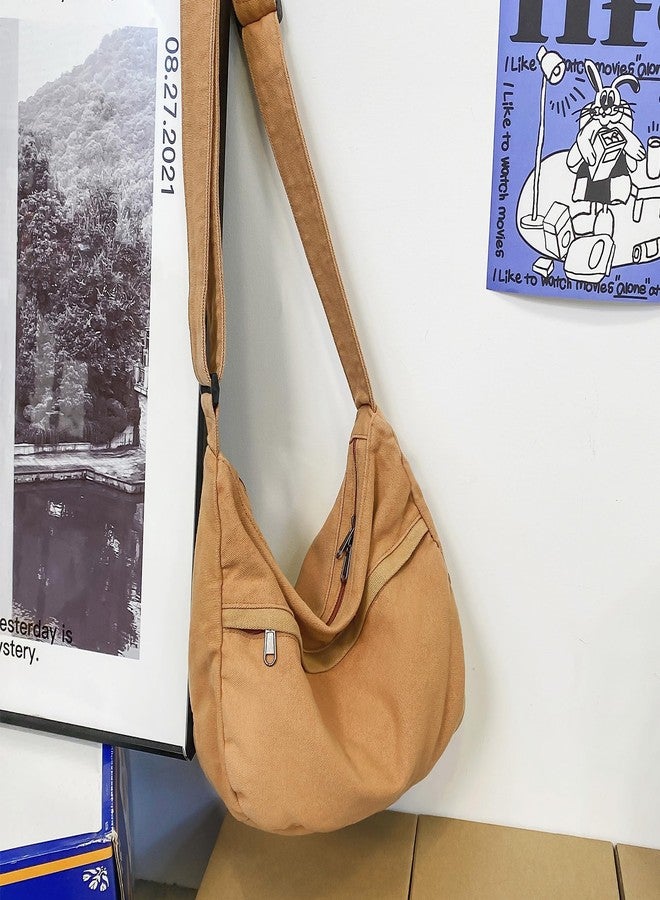 Youjaree Canvas Messenger Bag Large Hobo Crossbody Bag with Zipper Casual Shoulder Tote Handbag for Women and Men (Browm) - Image 3