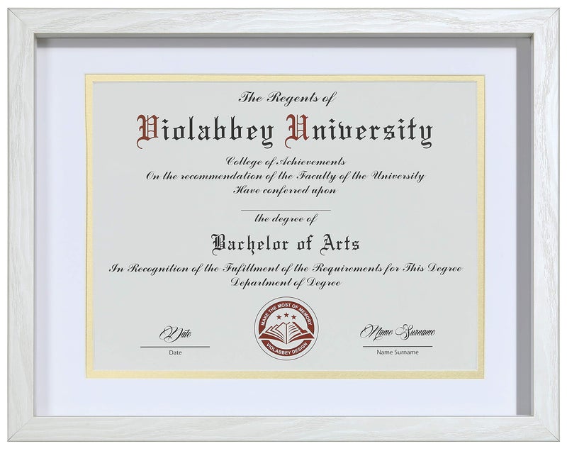 VIOLABBEY 11x14 Shadow Diploma Frames Cream White Fits 85x11 Certificate or College Degree with Mat or 11x14 without Mat HD Semitempered Glass Wall or tabletop Display White Gold Double Mat