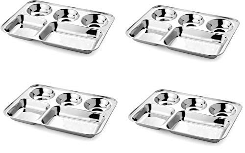 THW® Set of 4 Stainless Steel Lunch Dinner Plate Bhojan Thali 5 in 1 Rectangle Compartments Kitchen & Dining Set - Image 1