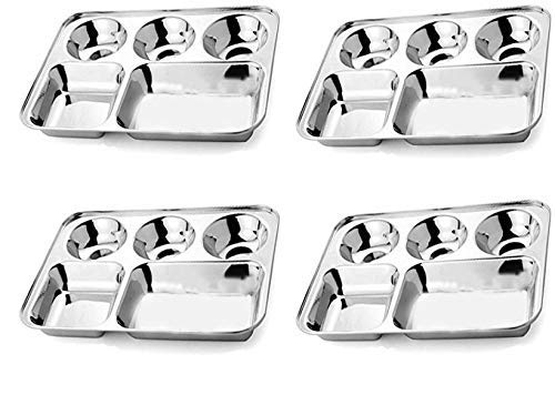 THW® Set of 4 Stainless Steel Lunch Dinner Plate Bhojan Thali 5 in 1 Rectangle Compartments Kitchen & Dining Set - Image 2