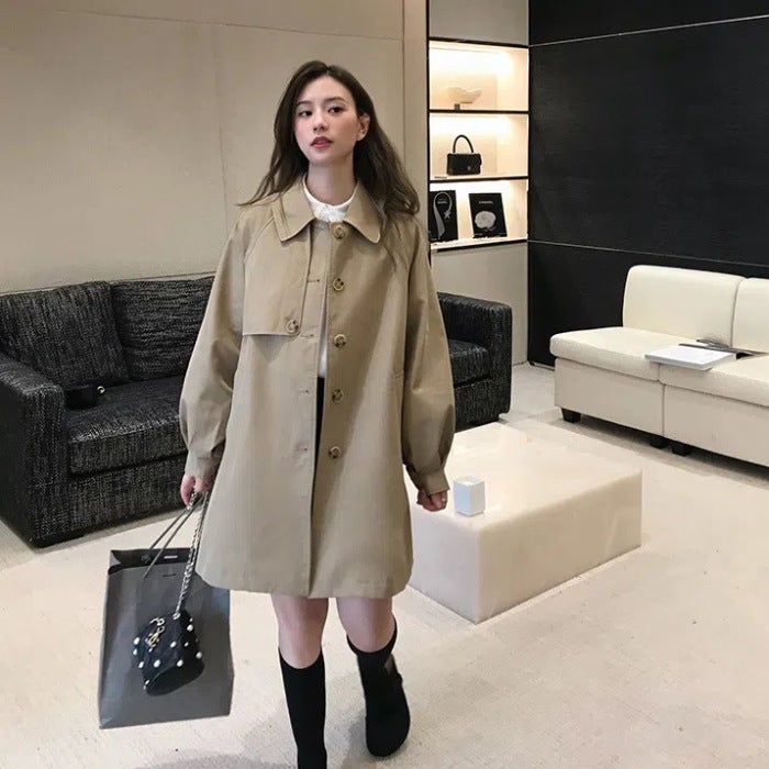 Windbreaker womens long spring and autumn 2024 new Korean version of khaki temperament coat womens small popular coat tide Khaki 