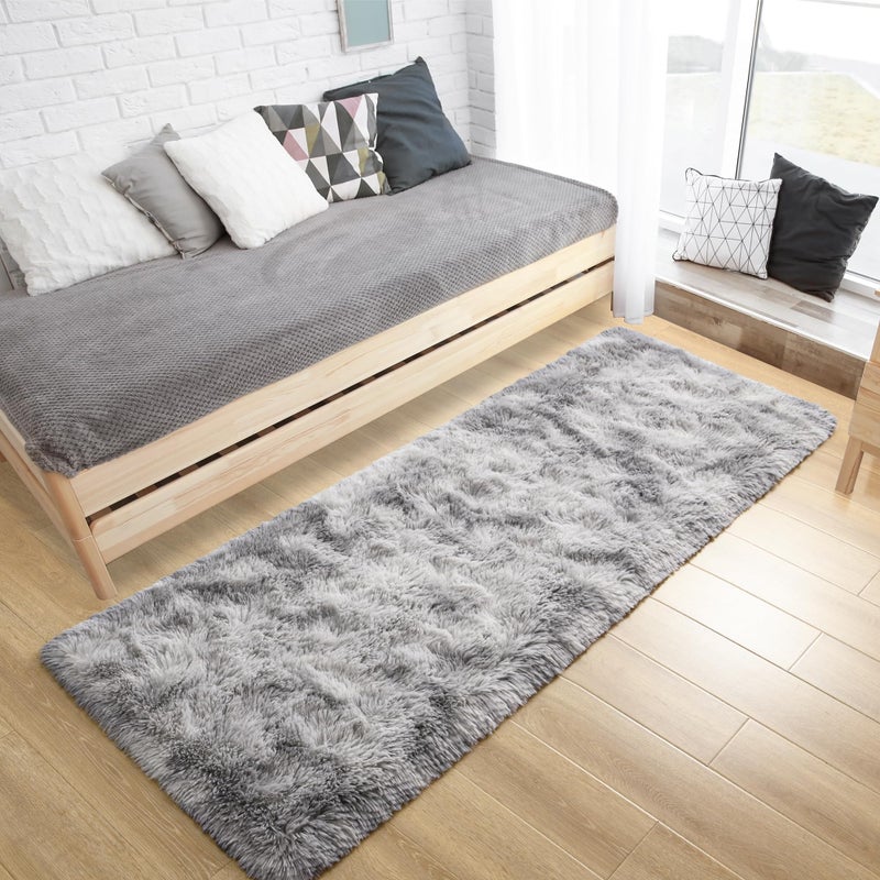 Tepook Fluffy Runner Rugs for Bedroom Aesthetic 2x6 Feet  Shag Soft Bedside Rug with Non-Slip Bottom  Fuzzy Plush Carpet for Room  Hallway Rug for Nursery Dorm Indoor Home Decor  Tie-dye Light Grey - Image 2