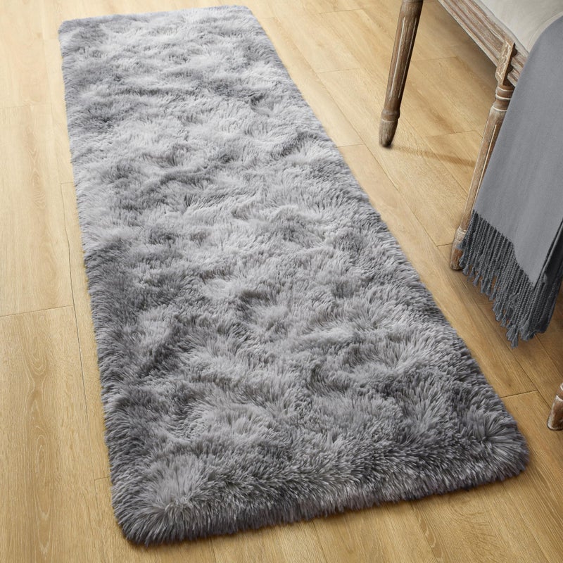 Tepook Fluffy Runner Rugs for Bedroom Aesthetic 2x6 Feet  Shag Soft Bedside Rug with Non-Slip Bottom  Fuzzy Plush Carpet for Room  Hallway Rug for Nursery Dorm Indoor Home Decor  Tie-dye Light Grey - Image 1