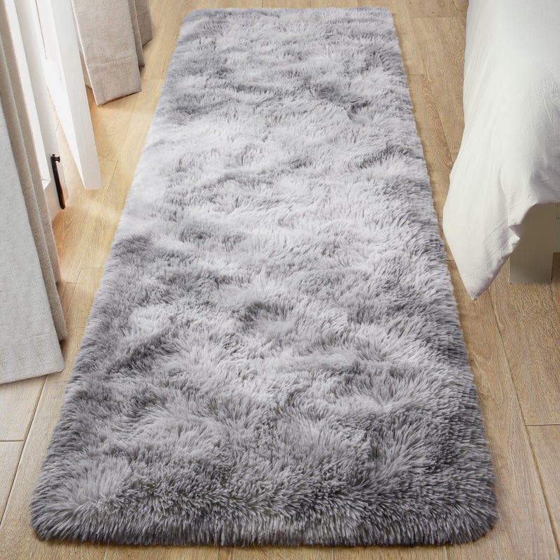 Tepook Fluffy Runner Rugs for Bedroom Aesthetic 2x6 Feet  Shag Soft Bedside Rug with Non-Slip Bottom  Fuzzy Plush Carpet for Room  Hallway Rug for Nursery Dorm Indoor Home Decor  Tie-dye Light Grey - Image 3
