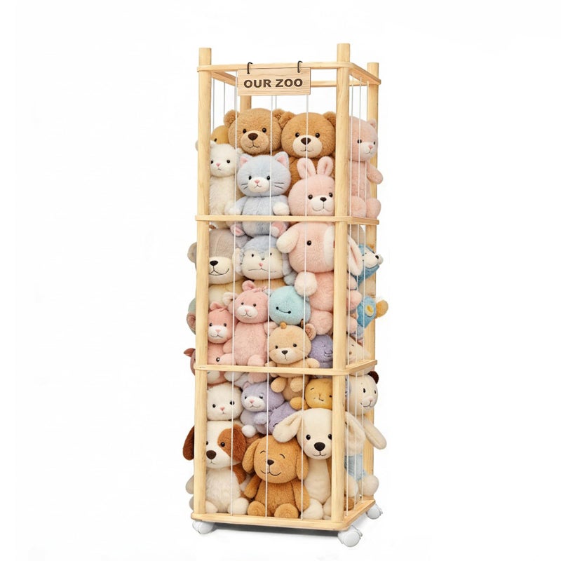 BENCHRY Stuffed Animal Storage, Wood Stuffed Animal Zoo Storage with Brake Wheels, Space Save Toy Organizer, Large Capacity Stuffed Animal Holder, Perfect for Nursery Playroom Kidroom Bedroom-54.3 Inch - Image 1