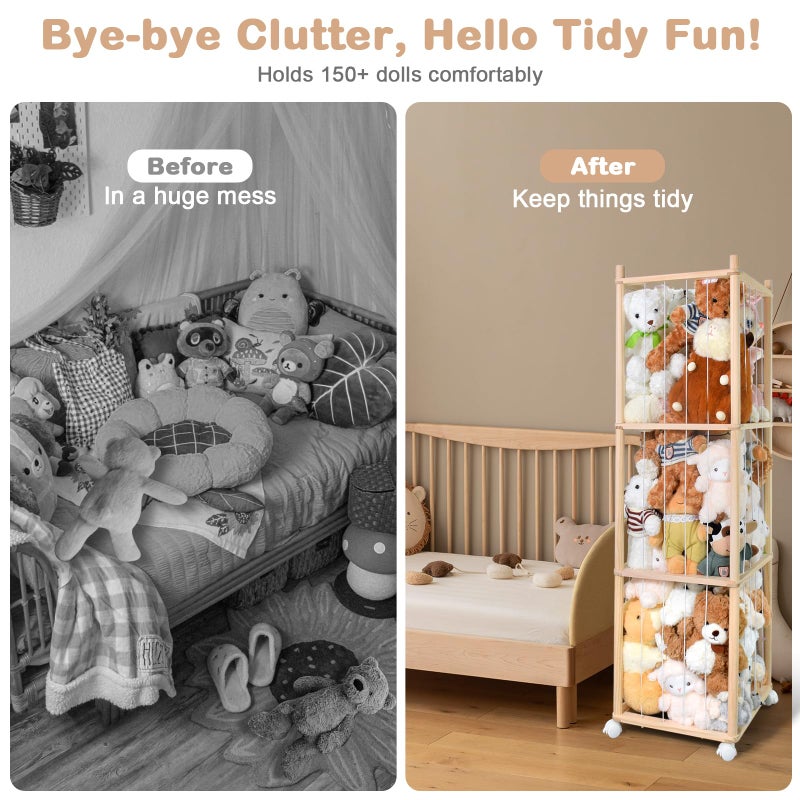 BENCHRY Stuffed Animal Storage, Wood Stuffed Animal Zoo Storage with Brake Wheels, Space Save Toy Organizer, Large Capacity Stuffed Animal Holder, Perfect for Nursery Playroom Kidroom Bedroom-54.3 Inch - Image 5