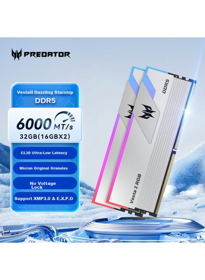 Predator ذاكرة أكير بريداتور 32 جيجابايت، DDR5 6000 ميجاهرتز، وحدة ذاكرة سطح المكتب، شريط ضوء Vesta II RGB، فضي نجمي، ملحقات كمبيوتر ذكية - Image 1