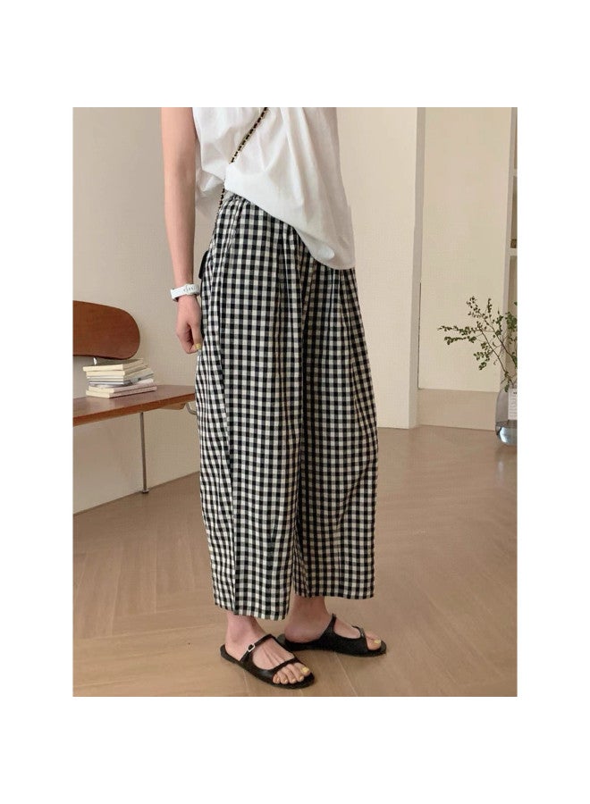 TonLion Korean Style High-waisted Checkered Casual Pants Women's 2025 Summer New Elastic Waist Slimming Loose Wide-leg Trousers - Image 3