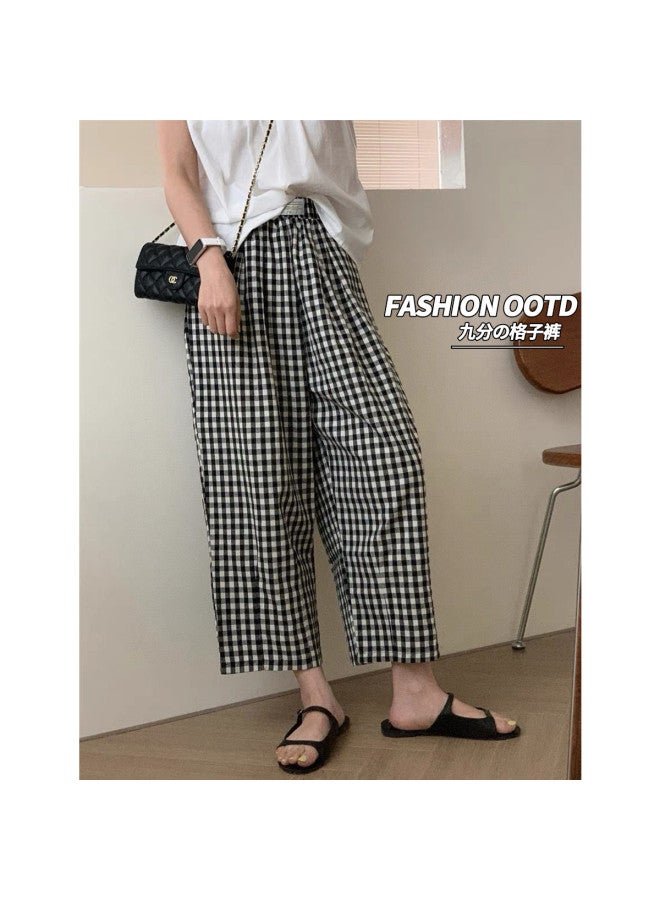 TonLion Korean Style High-waisted Checkered Casual Pants Women's 2025 Summer New Elastic Waist Slimming Loose Wide-leg Trousers - Image 2