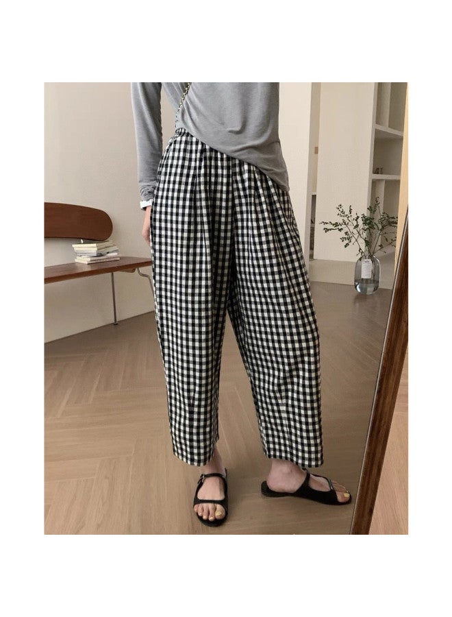TonLion Korean Style High-waisted Checkered Casual Pants Women's 2025 Summer New Elastic Waist Slimming Loose Wide-leg Trousers - Image 5