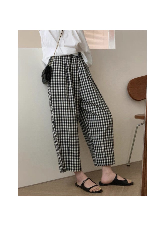 TonLion Korean Style High-waisted Checkered Casual Pants Women's 2025 Summer New Elastic Waist Slimming Loose Wide-leg Trousers - Image 4