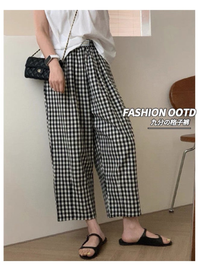 TonLion Korean Style High-waisted Checkered Casual Pants Women's 2025 Summer New Elastic Waist Slimming Loose Wide-leg Trousers - Image 1