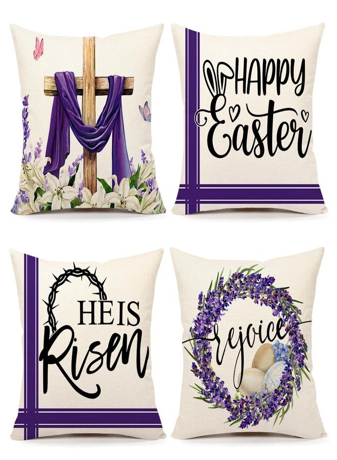 4TH Emotion Easter Throw Pillow Covers 18 x 18 Inch Set of 4, He is Risen Spring Farmhouse Holiday Purple Cushion Case for Home Sofa Couch Decoration TH177 - Image 1