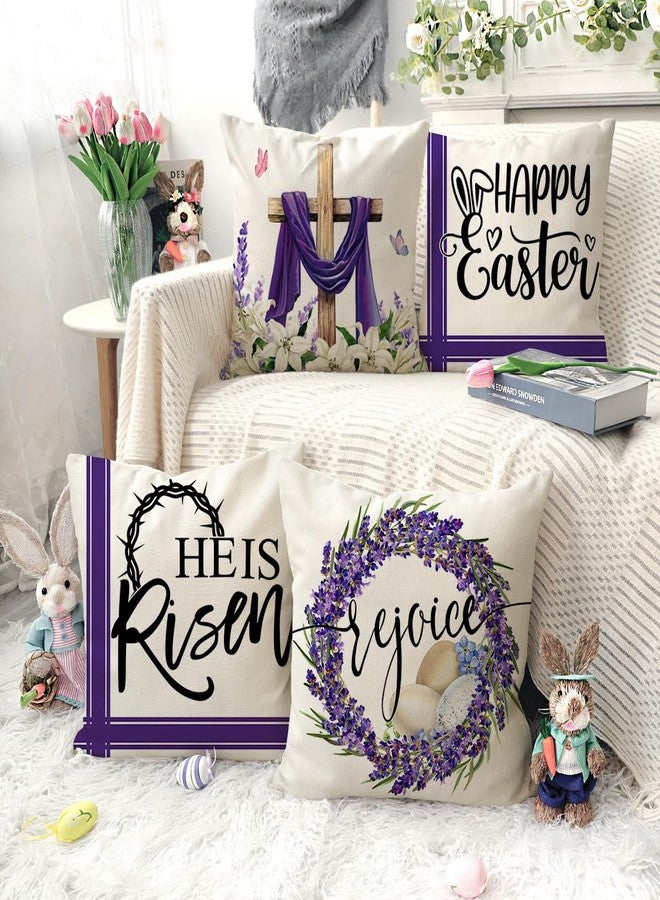 4TH Emotion Easter Throw Pillow Covers 18 x 18 Inch Set of 4, He is Risen Spring Farmhouse Holiday Purple Cushion Case for Home Sofa Couch Decoration TH177 - Image 3