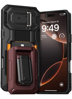 VRS Design D-Wallet Origin iPhone 16 Pro MAX Case Cover Wallet with Semi Automatic Credit Card Holder Slot [3 Cards] & Camera Lens Protector Kickstand - Metallic Red  - Image 1