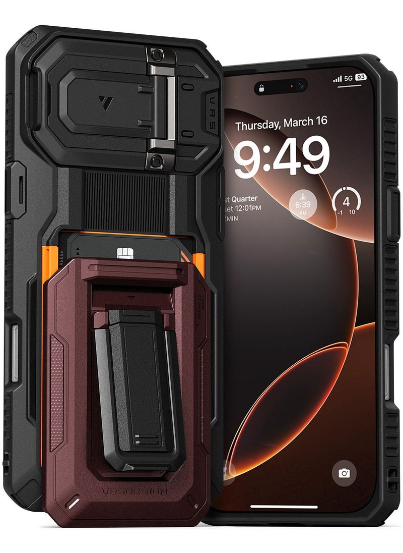 VRS Design D-Wallet Origin iPhone 16 Pro MAX Case Cover Wallet with Semi Automatic Credit Card Holder Slot [3 Cards] & Camera Lens Protector Kickstand - Metallic Red  - Image 1