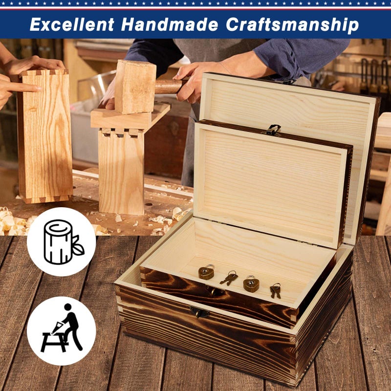 BigHala Wood Keepsake Boxes with Lock and Keys Handcrafted Decorative Wooden Storage Case Cabinet Container Hinged Lid Country Rustic Style Organizer for Trinkets Gift Card Collection Coffee Color 2 Pack - Image 3