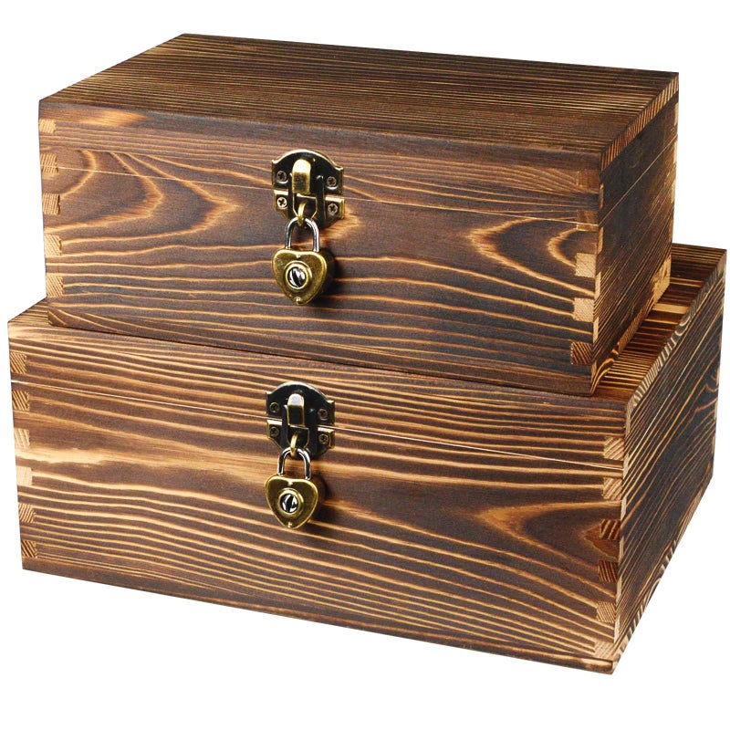 BigHala Wood Keepsake Boxes with Lock and Keys Handcrafted Decorative Wooden Storage Case Cabinet Container Hinged Lid Country Rustic Style Organizer for Trinkets Gift Card Collection Coffee Color 2 Pack - Image 1